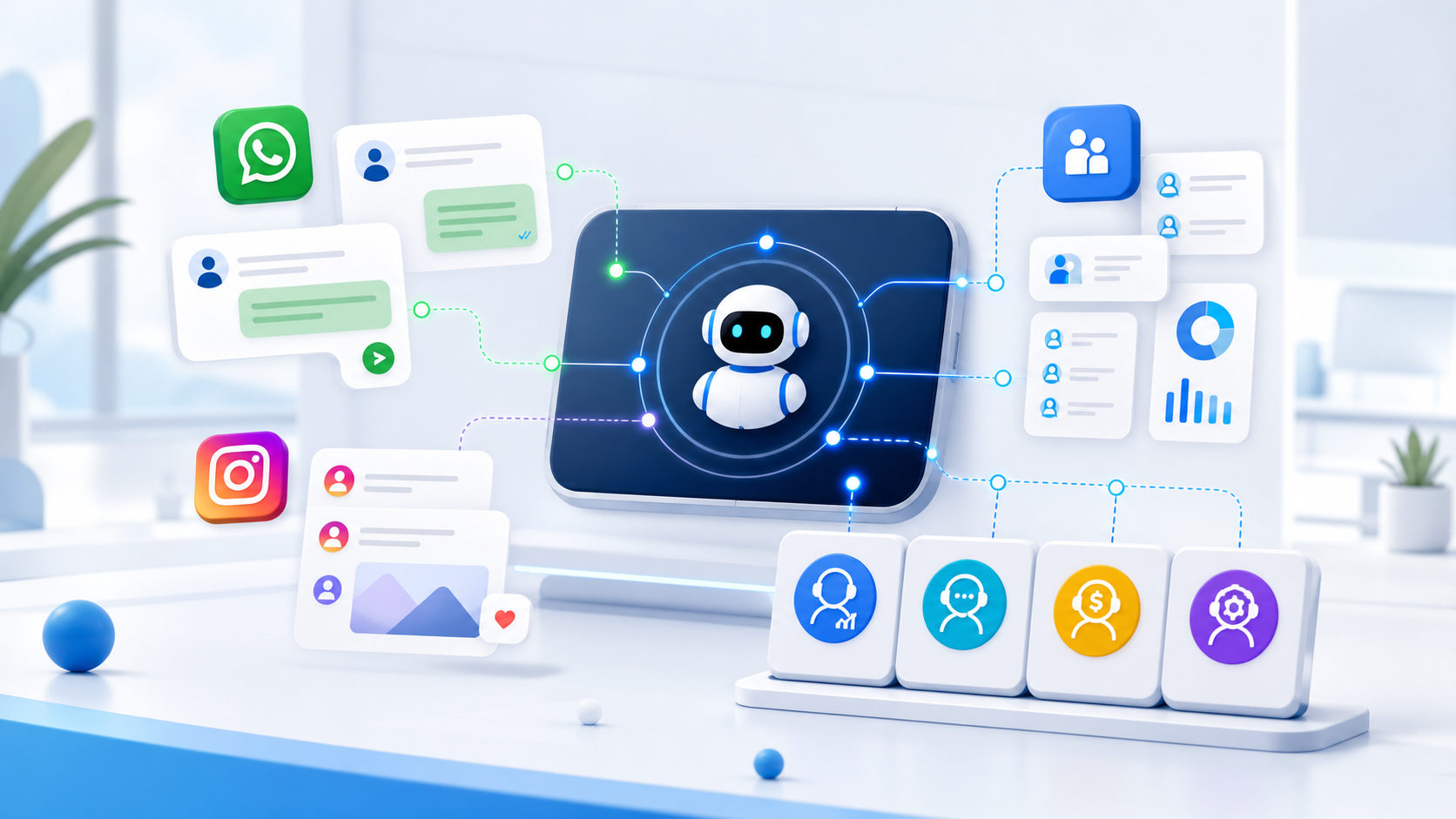 Centro visual de automatización con AI, canales de Meta e integraciones